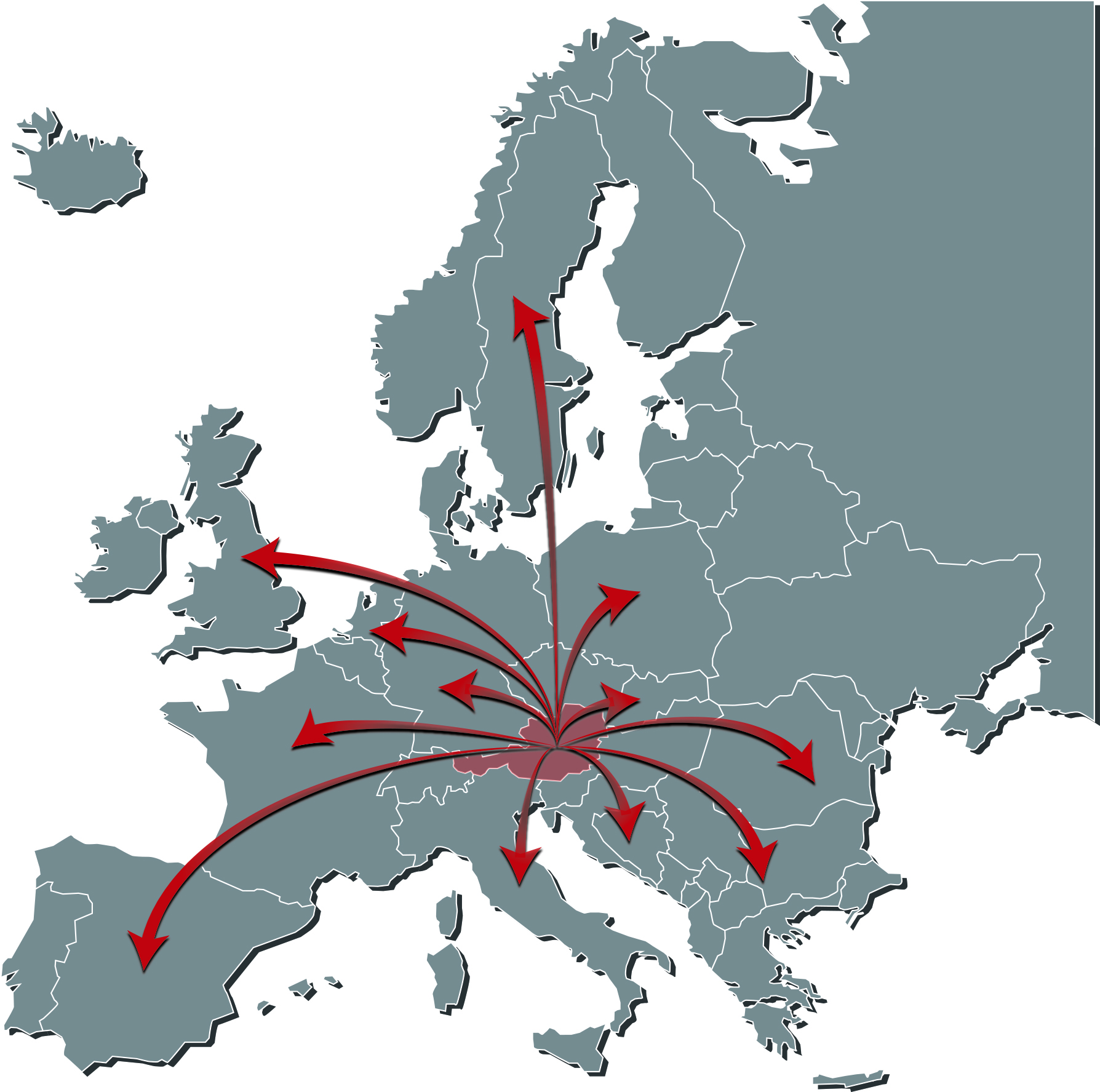 Landkarte Europa mit Pfeilen in die Zielländer